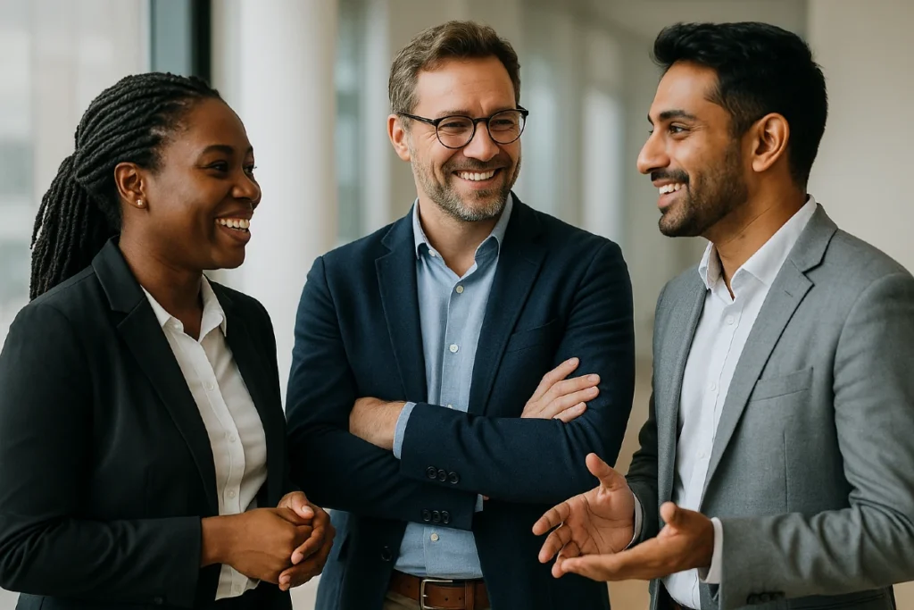 consultoria cultural: un trío de profesionales de distintas nacionalidades en una conversación informal de negocios. estan depie, y departen tras unas negociaciones satisfactorias. Uno de ellos viste elegante pero sin traje completo, un look desenfadado pero profesional. Encaja con la idea de una tertulia multicultural y ejecutiva